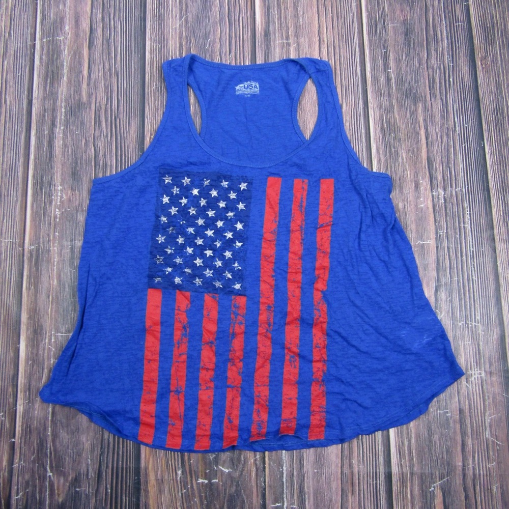 Womensโ XL Blue Tank Scoop Neck Racerback USA Flag Graphic Basic Summer